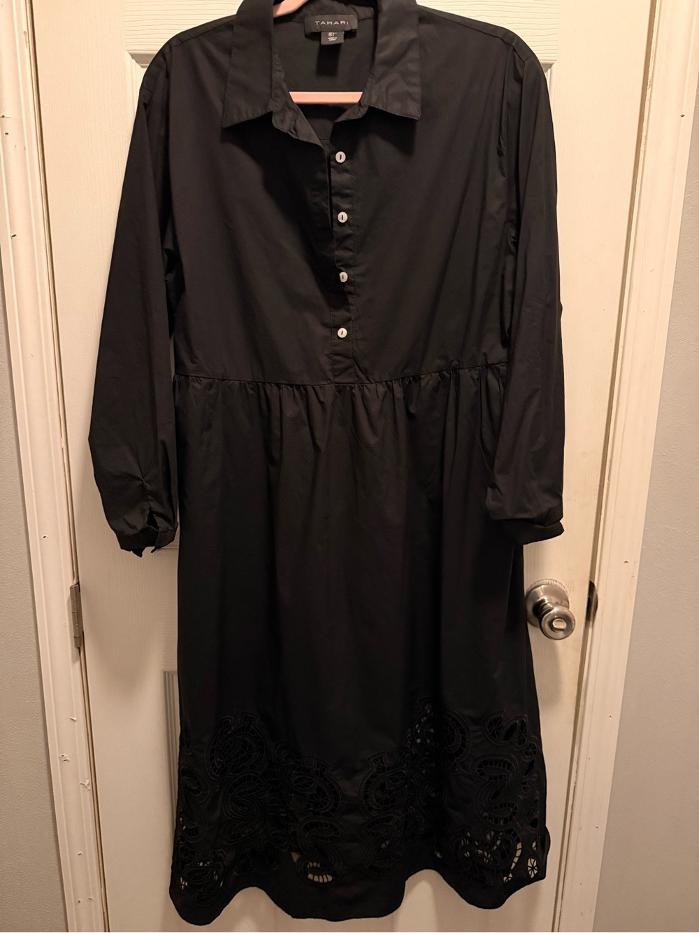 Tahari Black Long-Sleeve Button Front Dress with Cutwork Hem